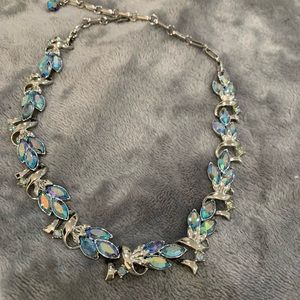 Vintage Signed Coro Blue Aurora Borealis Crystal Silver Tone Leaf Necklace 1950s